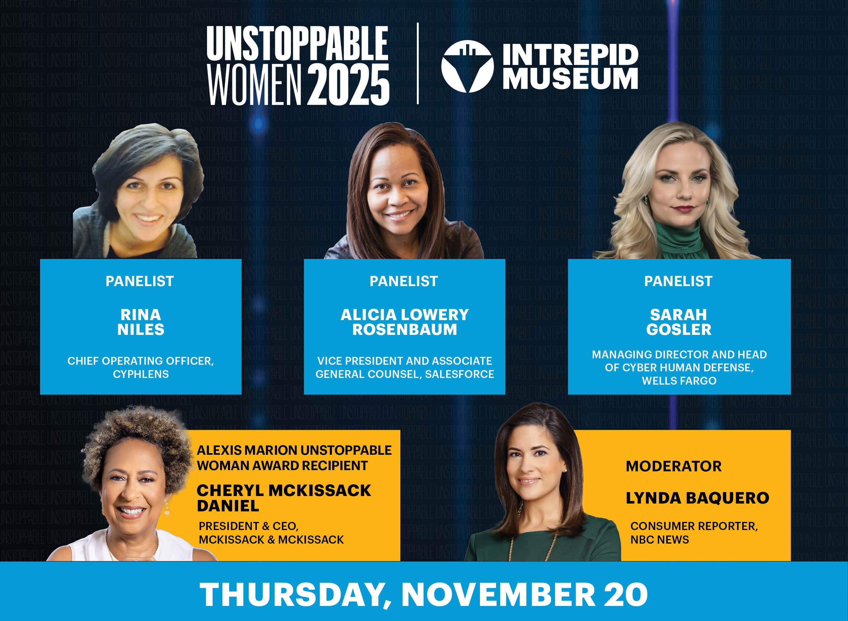 Left to right: Alicia Lowery Rosenbaum: Vice President and Associate General Counsel at Salesforce; Rina Niles: Chief Operating Officer at Cyphlens; Sara Gosler: Managing Director, Head of Cyber Human Defense Wells Fargo Cybersecurity; Cheryl McKissack Daniel: McKissack & McKissack, Alexis Marion Unstoppable Woman Award recipient; Lynda Baquer: Consumer Reporter, NBC News