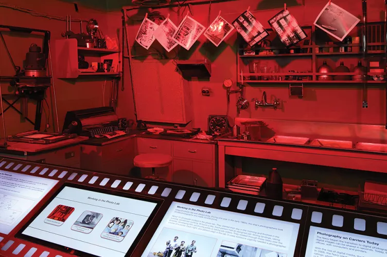 A dark room where photos were developed on the ship.