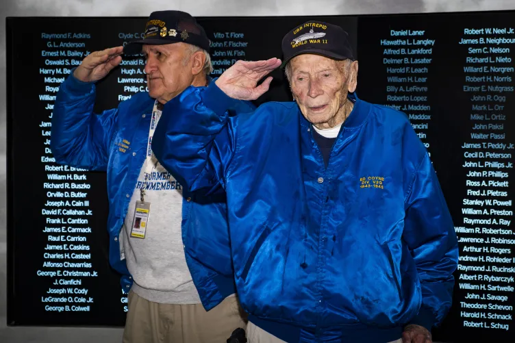 Two veterans saluting side by side