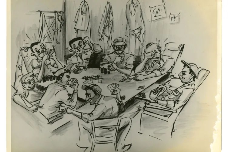 drawing shows a candid scene of aviators playing cards, smoke curling from pipes and cigarettes as they take time to relax
