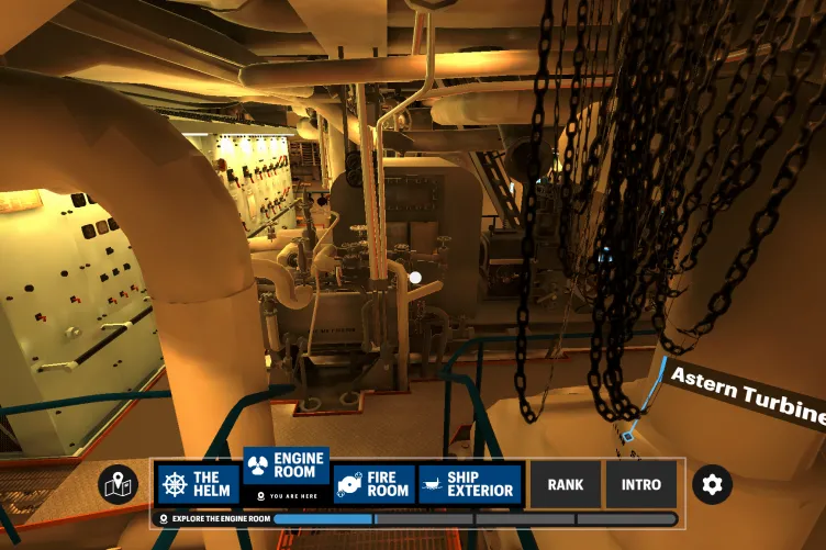 Immersive VR tour of the ship's engine room.