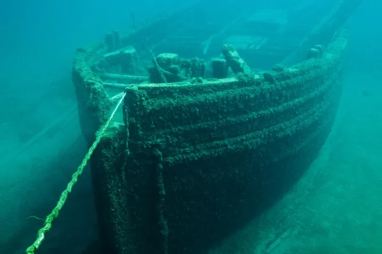 The shipwreck of the wooden schooner E. B. ALLEN at Thunder Bay MarineSanctuary. This ship was built in 1864 and wrecked November 20, 1871.