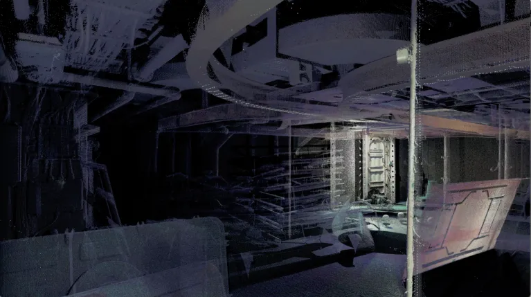 Part of the sick bay exhibition with sailor art on the floor.