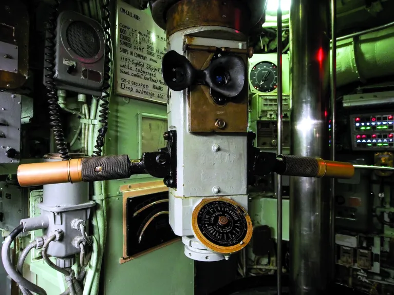 A closeup of the periscope in the Growler submarine.