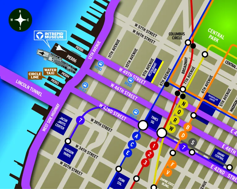 Map of Midtown, Manhattan where the Intrepid Museum is located.