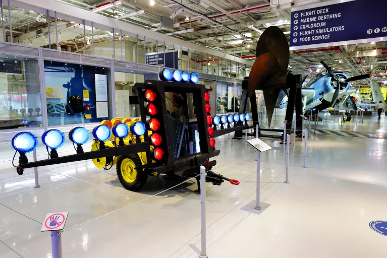 Intrepid Museum's hangar deck with the Optical Landing System in the forefront.