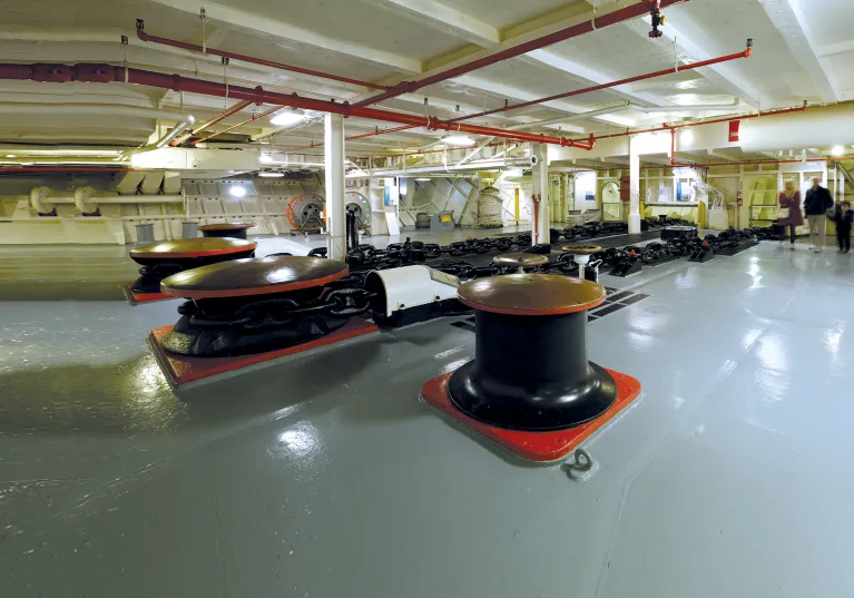 Intrepid's historic fo'c'sle, showing the anchor chains, located in the forward-most part of the ship.