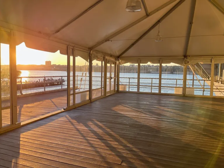 Starboard aircraft elevator with views of Hudson River