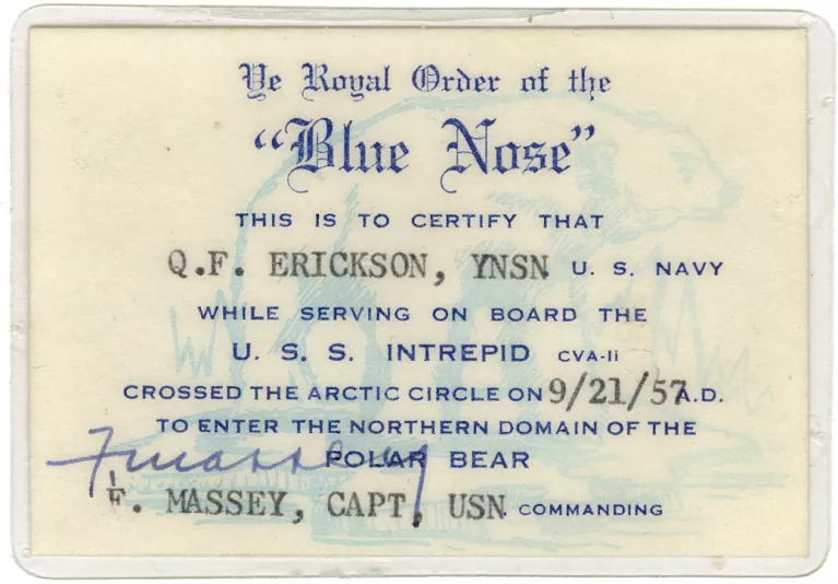 Quentin Erickson received this card after crossing the Arctic Circle on Intrepid in 1957.