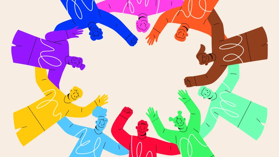 Illustration of people holding hands in a circle, painted in different colors.
