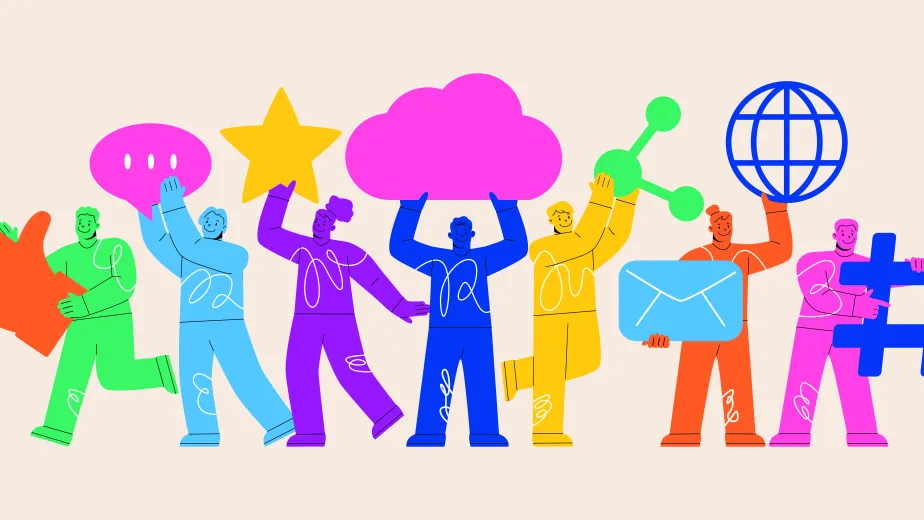 Illustration of figures, surrounded by colorful elements like clouds, a globe, a star, a hashtag, and a speech bubble, all painted in vibrant hues.