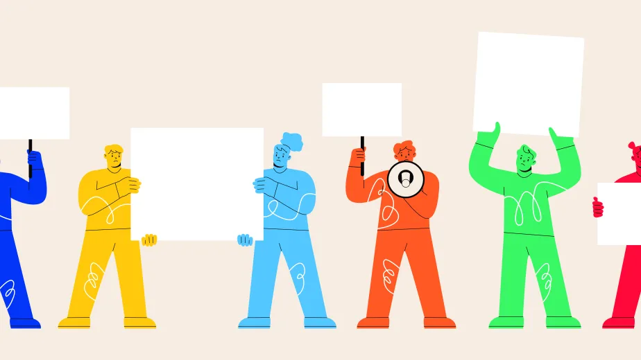 Illustrated figures holding various colorful shapes.