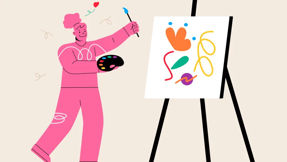 Illustrated figure holding a paintbrush and a color wheel with an axle in front.