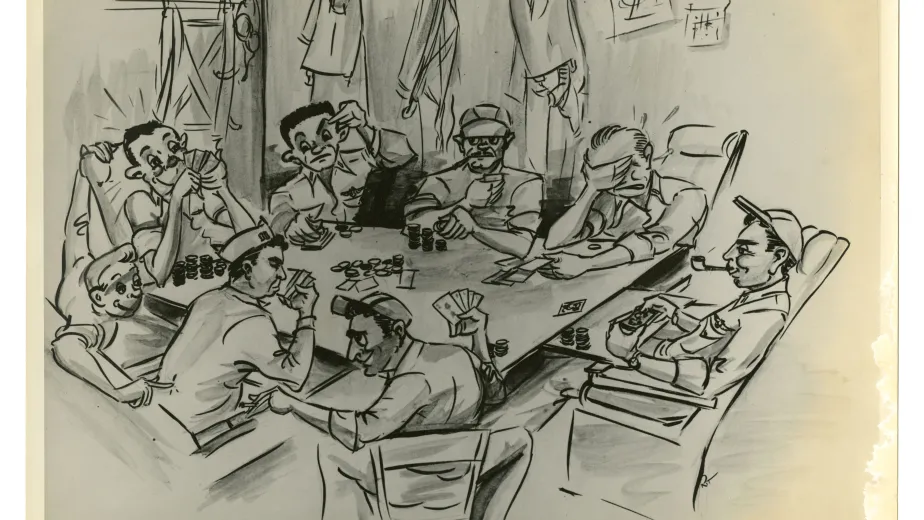 drawing shows a candid scene of aviators playing cards, smoke curling from pipes and cigarettes as they take time to relax