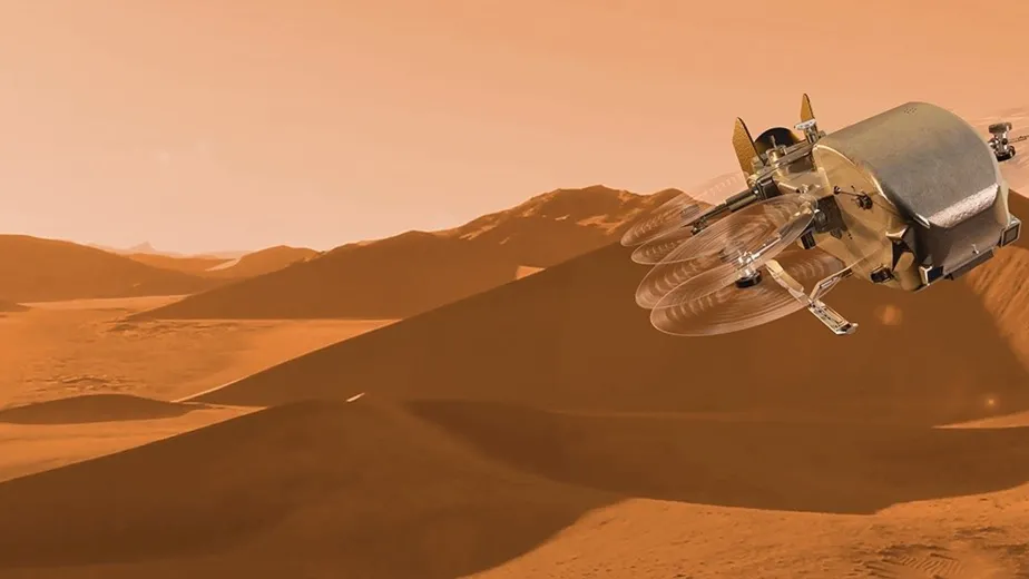3D rendering of a Dragonfly octocopter hovering around Mars